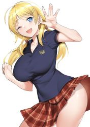 Rule 34 | 1girl, ahoge, blonde hair, blue eyes, blue shirt, blush, breasts, collarbone, cowboy shot, hachimiya meguru, hair ornament, hairclip, hip focus, idolmaster, idolmaster shiny colors, large breasts, long hair, looking at viewer, low twintails, one eye closed, open mouth, plaid, plaid skirt, pleated skirt, polo shirt, red skirt, school uniform, shirt, simple background, skirt, smile, solo, thighs, tomohiro kai, twintails, waving, white background
