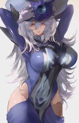 Rule 34 | 1girl, absurdres, breasts, clothing cutout, duel monster, female focus, gloves, grey hair, hat, highres, huge breasts, kataku musou, long hair, long sleeves, silent magician, tagme, white hair, witch hat, yu-gi-oh!