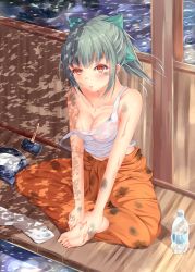 Rule 34 | 10s, 1girl, :o, bare arms, bare shoulders, barefoot, blunt bangs, bottle, bow, breasts, cleavage, collarbone, colored eyelashes, commentary request, dappled sunlight, day, dirty, feet, green bow, green hair, hair bow, hammer, hands on feet, highres, indian style, kantai collection, long hair, looking at viewer, medium breasts, nail polish, open mouth, orange pants, outdoors, pants, pink nails, ponytail, red eyes, shiro usagi, sitting, soles, solo, strap slip, sunlight, sweat, tank top, toes, towel, water, water bottle, welding mask, yuubari (kancolle)