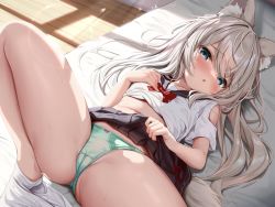 Rule 34 | 1girl, animal ear fluff, animal ears, black skirt, blue eyes, blush, bow, bowtie, cleft of venus, clothes lift, collarbone, green panties, grey hair, hair between eyes, hand on own chest, knee up, kokuto (kurousagi1210), lifted by self, long hair, looking at viewer, lying, navel, on back, on bed, open mouth, original, panties, red bow, red bowtie, sailor collar, school uniform, serafuku, shirt, short sleeves, skirt, skirt lift, solo, sweat, thighs, underwear, white shirt