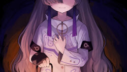 Rule 34 | 1girl, asymmetrical sleeves, black gloves, cevio, closed mouth, clutching chest, coat, commentary request, dark, facing viewer, fingerless gloves, frown, gloves, grey hair, hand on own chest, head out of frame, high collar, highres, histoire-ange, holding, holding lantern, kamitsubaki studio, lantern, long hair, multicolored hair, o-ring, purple hair, scared, sekai (cevio), single fingerless glove, single glove, solo, straight-on, streaked hair, uneven sleeves, upper body, white coat, zipper