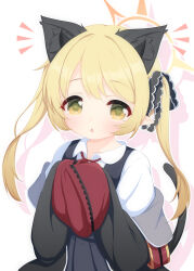 Rule 34 | 1girl, animal ears, black coat, black dress, black ribbon, blonde hair, blue archive, blush, cat ears, cat tail, coat, collared shirt, commentary request, dress, green eyes, hair ribbon, halo, highres, hosizora mikoto, ibuki (blue archive), long hair, long sleeves, looking at viewer, notice lines, off shoulder, open mouth, oversized clothes, pinafore dress, ribbon, shirt, sleeveless, sleeveless dress, sleeves past fingers, sleeves past wrists, solo, tail, twintails, upper body, white background, white shirt, yellow halo