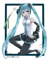 Rule 34 | 1girl, aqua eyes, aqua hair, aqua nails, aqua necktie, arm up, bare shoulders, black skirt, black sleeves, black thighhighs, commentary, detached sleeves, drawing kanon, fighting stance, food, framed image, hair ornament, hashtag, hatsune miku, headphones, headset, high heels, highres, holding, holding food, holding spring onion, holding vegetable, long hair, miniskirt, nail polish, necktie, open mouth, pleated skirt, shirt, shoulder tattoo, sidelighting, skirt, sleeveless, sleeveless shirt, solo, spring onion, squatting, tattoo, thighhighs, twintails, v-shaped eyebrows, vegetable, very long hair, vocaloid, white background, white shirt, zettai ryouiki