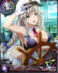 Rule 34 | 1girl, armpits, between breasts, blue bow, bow, braid, breasts, card (medium), chess piece, cleavage, detached collar, female focus, gloves, grayfia lucifuge, grey eyes, grey hair, hair bow, hat, high school dxd, large breasts, lipstick, long hair, looking at viewer, makeup, matching hair/eyes, mature female, official art, queen (chess), red lips, smile, solo, twin braids, white gloves
