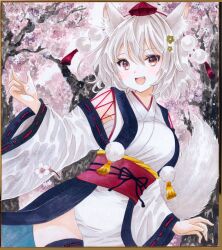 Rule 34 | 1girl, :d, animal ear fluff, animal ears, black thighhighs, breasts, cherry blossoms, hajike akira, highres, inubashiri momiji, japanese clothes, kimono, long sleeves, looking at viewer, medium breasts, open mouth, outdoors, pelvic curtain, petals, pom pom (clothes), red eyes, sarashi, short hair, smile, solo, tail, thighhighs, touhou, traditional media, tree, white hair, white kimono, wolf ears, wolf girl, wolf tail