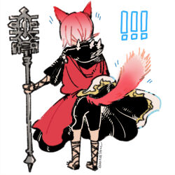 Rule 34 | !, !!, 1boy, animal ears, cat ears, cat tail, crystal exarch, final fantasy, final fantasy xiv, from behind, g&#039;raha tia, g'raha tia, holding, holding staff, itowo (itowc), lowres, male focus, red hair, simple background, solo, staff, tail, tail raised, white background, wind, wind lift