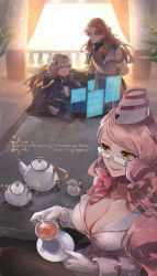 Rule 34 | 1girl, 2boys, backlighting, breasts, brown hair, chiron (fate), cleavage, cup, eyewear strap, fate/grand order, fate (series), garrison cap, glasses, hat, highres, holographic interface, koyanskaya (foreigner) (first ascension) (fate), multiple boys, odysseus (fate), pink hair, tea, teacup, teapot, tia (cocorosso), white hair, yellow eyes