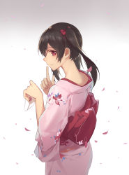Rule 34 | 10s, 1girl, bad id, bad pixiv id, black hair, finger to mouth, floral print, gradient background, hair ribbon, highres, huanxiang heitu, japanese clothes, kimono, letter, long sleeves, looking at viewer, love letter, love live!, love live! school idol project, md5 mismatch, petals, pink eyes, ribbon, sash, shushing, smile, solo, twintails, wide sleeves, yazawa nico