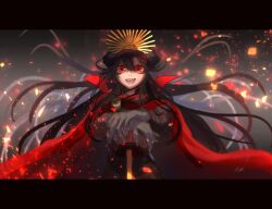 Rule 34 | 1girl, cape, cloak, family crest, fate/grand order, fate (series), gloves, hat, holding, holding sword, holding weapon, long hair, long sleeves, looking at viewer, military hat, oda nobunaga (fate), oda nobunaga (koha-ace), oda uri, open mouth, planted, planted sword, planted weapon, red cape, red eyes, solo, sword, teeth, upper body, upper teeth only, weapon, yat573