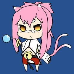 Rule 34 | 1girl, animal ears, arc system works, artist request, bell, belt, blazblue, bracelet, candy, cat ears, cat girl, cat tail, chibi, female focus, flat color, food, full body, glasses, jewelry, kokonoe (blazblue), lab coat, lollipop, long hair, lowres, multiple tails, pants, pink hair, ponytail, simple background, solo, tagme, tail, yellow eyes