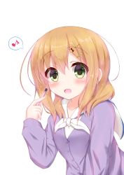 Rule 34 | 1girl, blonde hair, blush, cardigan, commentary request, eighth note, green eyes, hair between eyes, hair ornament, hairclip, highres, holding, holding pencil, leaning forward, long sleeves, looking at viewer, mafu makura, mechanical pencil, medium hair, musical note, neckerchief, open mouth, pencil, purple cardigan, sailor collar, short hair, simple background, slow start, solo, spoken musical note, standing, tokura eiko, upper body, white background, white neckerchief, white sailor collar