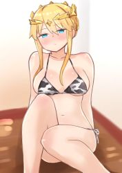 Rule 34 | 1girl, animal print, artoria pendragon (fate), artoria pendragon (lancer) (fate), bare arms, bare shoulders, bikini, blonde hair, blue eyes, blush, braid, breasts, closed mouth, collarbone, commentary request, cow print, fate/grand order, fate (series), feet out of frame, french braid, hair between eyes, headpiece, highres, i.u.y, long hair, looking at viewer, medium breasts, navel, print bikini, side-tie bikini bottom, sidelocks, sitting, solo, swimsuit