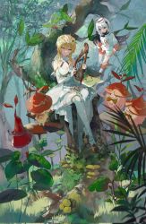 Rule 34 | 2girls, ahoge, arama (genshin impact), aranara (genshin impact), blonde hair, blue eyes, blush, boots, branch, breasts, buri (retty9349), cleavage, closed mouth, commentary, corrupted twitter file, detached sleeves, dress, fingerless gloves, floating, flower wreath, forest, genshin impact, gloves, hair ornament, halo, high heel boots, high heels, highres, leaf, lumine (genshin impact), mechanical halo, medium breasts, moss, multiple girls, mushroom, nature, paimon (genshin impact), partially fingerless gloves, scarf, sidelocks, sitting, sleeveless, sleeveless dress, smile, star (symbol), star hair ornament, symbol-only commentary, thighs, white dress, white footwear, white hair