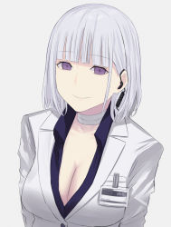 Rule 34 | 1girl, alternate costume, asakiri koko, bandaged neck, bandages, blunt bangs, breasts, cleavage, closed mouth, collared shirt, commentary request, earpiece, formal, girls&#039; frontline, highres, id card, jacket, large breasts, looking at viewer, pale skin, purple eyes, purple shirt, rpk-16 (girls&#039; frontline), rpk-16 (renate) (girls&#039; frontline), shirt, short hair, silver hair, smile, solo, suit, white background, white jacket, white suit