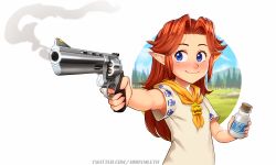 Rule 34 | 1girl, absurdres, arm up, artist name, blue eyes, blush, bottle, child, closed mouth, cork, dress, female focus, finger on trigger, flat chest, gun, hair intakes, hand up, handgun, happy, highres, holding, holding gun, holding weapon, long hair, looking to the side, malon, milk, mleth, neckerchief, nintendo, nose blush, orange neckerchief, outstretched arm, pointy ears, red hair, revolver, short sleeves, sidelocks, simple background, smile, smoke, smoking barrel, solo, the legend of zelda, the legend of zelda: ocarina of time, twitter username, upper body, watermark, weapon, white background, white dress