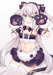 Rule 34 | 1girl, animal ears, animal hands, apron, aqua eyes, armpits, arms up, azur lane, bare shoulders, bell, black shirt, black skirt, bow, bowtie, breasts, cat ears, cat tail, cleavage, closed mouth, crop top, detached sleeves, fake animal ears, frills, fur collar, gloves, hair bow, hair ornament, hairband, hammann (azur lane), hammann (hammanyan pawnch!) (azur lane), highres, jingle bell, kana (kuaua), long hair, looking at viewer, midriff, miniskirt, navel, paw gloves, revealing clothes, shirt, short sleeves, silver hair, simple background, skirt, small breasts, solo, spaghetti strap, stomach, tail, thighhighs, thighs, two side up, very long hair, waist apron, white background, white thighhighs, zettai ryouiki