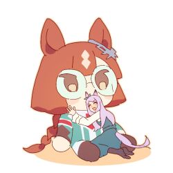 Rule 34 | 1girl, animal ears, blue dress, blunt bangs, braid, brown hair, character doll, closed eyes, commentary request, doqute stuffed doll, dress, ear ornament, facing viewer, full body, glasses, gocic, happy, highres, horse ears, horse girl, horse tail, hug, hugging doll, hugging object, ikuno dictus (umamusume), long hair, long sleeves, mejiro mcqueen (umamusume), no shoes, open mouth, oversized object, purple hair, round eyewear, shirt, simple background, single braid, sitting, smile, stuffed toy, swept bangs, tail, umamusume, white background, white shirt