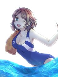 Rule 34 | 1girl, blue eyes, blue one-piece swimsuit, blush, breasts, cleavage, collarbone, competition swimsuit, cowboy shot, eyebrows, grey hair, looking at viewer, love live!, love live! school idol project, love live! sunshine!!, medium breasts, one-piece swimsuit, one eye closed, sapphire (ema-n), short hair, simple background, smile, solo, standing, swimsuit, towel, watanabe you, water, wet, white background