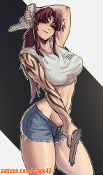 Rule 34 | 1girl, absurdres, arm tattoo, arm up, armpits, beretta 92, black background, black lagoon, breasts, brown eyes, brown hair, commentary, cowboy shot, crop top, cropped shirt, cutoffs, denim, denim shorts, dual wielding, gun, half-closed eyes, handgun, highres, holding, holding gun, holding weapon, large breasts, linea alba, long hair, looking at viewer, midriff, muscular, muscular female, navel, parted lips, patreon username, ponytail, revy (black lagoon), shirt, short shorts, shorts, sidelocks, simple background, smile, solo, stomach, stopu, symbol-only commentary, tattoo, thick thighs, thighs, trigger discipline, two-tone background, watermark, weapon, web address, white background, white shirt