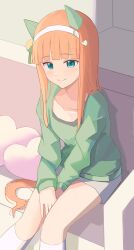 Rule 34 | 1girl, absurdres, alternate costume, animal ears, blunt bangs, blush, casual, chisaku, commentary, couch, ear covers, from above, green eyes, green shirt, grey shorts, hair ornament, hairband, hairclip, heart, heart-shaped pillow, highres, hime cut, horse ears, horse girl, horse tail, long hair, long sleeves, looking at viewer, orange hair, pillow, shirt, shorts, silence suzuka (umamusume), sitting, smile, socks, solo, tail, umamusume, white hairband, white socks