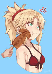 Rule 34 | :t, anger vein, bikini, blonde hair, blue background, bow, braid, breasts, cheek poking, collarbone, darahan, disembodied limb, fate/apocrypha, fate/grand order, fate (series), food, french braid, front-tie top, green eyes, grilled squid, hair ornament, hair scrunchie, looking to the side, mordred (fate), mordred (fate/apocrypha), mordred (swimsuit rider) (first ascension) (fate), poking, ponytail, red bikini, red scrunchie, scrunchie, sidelocks, signature, small breasts, solo focus, squid, swimsuit, upper body