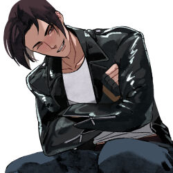 1boy black_gloves black_jacket blue_pants brown_eyes brown_hair collarbone commentary crossed_arms denim fingerless_gloves gloves hexermer highres jacket kusanagi_kyou leather leather_jacket male_focus one_eye_closed pants shiny_clothes shirt simple_background sitting smile solo t-shirt teeth the_king_of_fighters undershirt white_background white_shirt