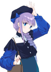 Rule 34 | 1girl, beret, black hat, blue bow, blue eyes, blue skirt, blush, bow, braid, braided ponytail, breasts, casual, coffeekite, fate/extra, fate/extra ccc, fate/grand order, fate (series), hat, high-waist skirt, highres, long hair, long sleeves, looking at viewer, meltryllis (fate), purple hair, skirt, small breasts, solo, very long hair, white background