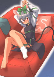 Rule 34 | 1girl, absurdres, animal ears, between breasts, blush, bound, bound arms, bow, breasts, clenched teeth, commentary request, couch, full body, green bow, green ribbon, greenpiecerice, grey hair, grey skirt, grey vest, highres, layered clothes, long sleeves, looking at viewer, mouse ears, mouse girl, mouse tail, nazrin, panties, red eyes, ribbon, ribbon bondage, shirt, short hair, single sock, skirt, skirt set, small breasts, socks, solo, strap between breasts, tail, teeth, touhou, underwear, v-shaped eyebrows, vest, white panties, white shirt, white socks, yes, yes-no pillow