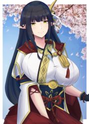Rule 34 | absurdres, black hair, blunt bangs, breasts, capcom, food, hair ornament, highres, hime cut, hinoa, japanese clothes, large breasts, latte, long hair, monster hunter (series), monster hunter rise, pointy ears, solo, very long hair, wagashi, yellow eyes