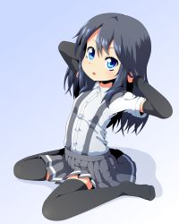 Rule 34 | 10s, 1girl, arm warmers, asashio (kancolle), black hair, black thighhighs, blue background, blue eyes, comb, kantai collection, long hair, open mouth, pleated skirt, school uniform, silane, sitting, skirt, solo, suspenders, thighhighs, wariza