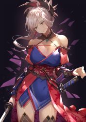 Rule 34 | 1girl, adapted costume, breasts, cleavage, cowboy shot, fate/grand order, fate (series), hair ornament, head tilt, highres, japanese clothes, jewelry, kakage, katana, kimono, light particles, long hair, magatama, magatama necklace, miyamoto musashi (fate), miyamoto musashi (second ascension) (fate), necklace, pink hair, ponytail, scabbard, sheath, smile, solo, sword, weapon