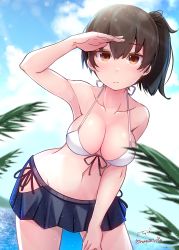 Rule 34 | 1girl, absurdres, artist name, baileys (tranquillity650), bikini, blush, breasts, brown eyes, brown hair, cleavage, closed mouth, collarbone, cowboy shot, hair between eyes, highres, kaga (kancolle), kantai collection, large breasts, long hair, navel, side ponytail, signature, solo, swimsuit, twitter username, white bikini