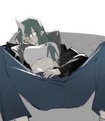 Rule 34 | 1girl, abs, akagine sansu, alternate costume, arknights, black jacket, blue pants, breasts, casual, couch, crop top, denim, hair between eyes, highres, horns, hoshiguma (arknights), jacket, jeans, large breasts, long hair, long sleeves, looking at viewer, lying, m legs, midriff, navel, on back, open clothes, open jacket, pants, simple background, skin-covered horns, solo, spread legs, white background, yellow eyes