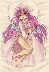 Rule 34 | 1girl, bad id, bad pixiv id, barefoot, bed, bed sheet, bespectacled, blush, body blush, bow, breath, clothes lift, crescent, crescent moon, dress, dress lift, feet, female focus, female masturbation, fingering, from above, glasses, hair bow, hat, large bow, legs, long hair, lying, masturbation, moon, multiple hair bows, open mouth, patchouli knowledge, pillow, pink bow, purple eyes, purple hair, robe, sketch, solo, touhou, tsun (tsuncha), tsuncha