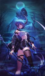 Rule 34 | 1girl, ass, bare shoulders, bare tree, belt, black jacket, black shorts, black thighhighs, blue hair, bracelet, breasts, crescent moon, crop top, glasses, highres, holding, holding scythe, hood, horns, jacket, jewelry, looking at viewer, looking back, medium breasts, midriff, moon, night, off shoulder, open clothes, open jacket, original, outdoors, parted lips, pro-p, red eyes, round eyewear, scythe, shirt, short hair, short shorts, shorts, single horn, single thighhigh, skeleton, sleeveless, sleeveless shirt, sleeveless turtleneck, solo, spiked bracelet, spikes, standing, thighhighs, thighs, tree, turtleneck, white shirt, wristband