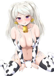 Rule 34 | 1girl, animal print, bikini, black nails, blush, breasts, cleavage, closed mouth, collarbone, conte di cavour (kancolle), cow print, fingernails, highres, kantai collection, large breasts, long hair, looking at viewer, nail polish, navel, purple eyes, silver hair, simple background, sitting, smile, solo, swimsuit, takomeshi, thighhighs, tongue, tongue out, two side up, wariza, white background, white bikini, white nails, white thighhighs