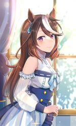 Rule 34 | 1girl, absurdres, alternate costume, animal ears, aoi (07aoi15), bare shoulders, blush, breasts, brown hair, closed mouth, corset, curtains, detached sleeves, dress, earrings, glint, highres, horse ears, indoors, jewelry, lens flare, long hair, looking at viewer, multicolored hair, purple eyes, see-through, see-through sleeves, small breasts, smile, solo, streaked hair, symboli rudolf (umamusume), twitter username, umamusume, watermark, white dress, window