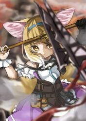 Rule 34 | 1girl, absurdres, animal ears, arknights, black gloves, blonde hair, blue hairband, closed mouth, colored tips, commentary request, cowboy shot, dress, fighting, fox ears, fox girl, fox tail, gloves, hairband, highres, holding, holding staff, kitsune, kyuubi, multicolored hair, multiple tails, nasumikan (nodoame241), purple dress, short hair, single glove, single wrist cuff, solo, staff, suzuran (arknights), tail, two-tone hair, white hair, wrist cuffs, yellow eyes