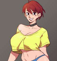 Rule 34 | 1girl, blue panties, breasts, choker, cleavage, commentary, english commentary, large breasts, looking to the side, midriff, navel, original, panties, red eyes, red hair, short hair, smile, snowcie, solo, underwear