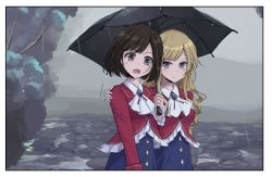 Rule 34 | 2girls, ascot, black hair, black umbrella, blonde hair, blush, bow, brooch, claire francois, drill hair, hair bow, hand on another&#039;s shoulder, jewelry, krill55, long hair, long sleeves, looking at another, multiple girls, outdoors, overcast, rain, red bow, rae taylor, short hair, sky, standing, umbrella, watashi no oshi wa akuyaku reijou, yuri