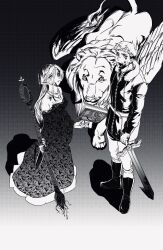 Rule 34 | 1boy, 1girl, arms at sides, bare shoulders, belt, blood, blood on face, blood on hands, book, boots, braid, breasts, commentary, crown braid, czzsghdf, dress, dungeon meshi, elf, exhausted, feathered wings, floating, floating book, floating object, from above, full body, fur-trimmed jacket, fur trim, gradient background, greyscale, hair between eyes, highres, holding, holding staff, jacket, jewelry, laios touden, long dress, long hair, looking at viewer, marcille donato, medium breasts, messy hair, monochrome, necklace, off-shoulder dress, off shoulder, open book, pants, parted lips, pendant, pointy ears, scar, scar on face, scar on nose, shadow, spoilers, staff, standing, sword, weapon, winged lion (dungeon meshi), wings