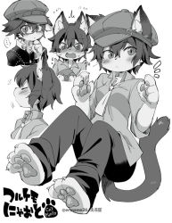 Rule 34 | 1girl, animal ear fluff, animal ears, artist name, barefoot, blush, cabbie hat, cat ears, cat girl, cat tail, character name, claws, ears through headwear, eromame, expressions, closed eyes, feet, female focus, fewer digits, furrification, furry, furry female, glasses, greyscale, hat, looking at viewer, monochrome, necktie, open mouth, pants, pawpads, persona, persona 4, profile, shirogane naoto, solo, tail, whiskers