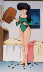 Rule 34 | 1990s (style), 1girl, bare legs, barefoot, bed, bedroom, black hair, blue eyes, breasts, cleavage, green leotard, hammer, holding, holding weapon, huge weapon, kunou kodachi, leotard, long hair, looking at viewer, ponytail, ranma 1/2, retro artstyle, screencap, shiny skin, side ponytail, solo, third-party edit, weapon, wide hips