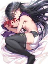 Rule 34 | 1girl, absurdres, ass, bed sheet, black hair, black thighhighs, blush, breasts, character doll, commentary, convenient arm, from behind, hair between eyes, highres, isshiki akane, kuroki rei, long hair, looking at viewer, looking back, lying, medium breasts, michairu, national shin ooshima school uniform, on side, open mouth, purple eyes, purple scarf, scarf, school uniform, shiny skin, short shorts, shorts, solo, thighhighs, topless, vividred operation