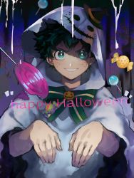 Rule 34 | 1boy, absurdres, black background, black hair, black hat, blue background, boku no hero academia, bow, bowtie, candy, food, freckles, ghost costume, green bow, green bowtie, green eyes, green hair, grey background, grin, hands up, happy halloween, hat, highres, looking at viewer, midoriya izuku, mini hat, multicolored hair, official alternate costume, pumpkin, short hair, smile, solo, suzumetarou, teeth, two-tone bow, two-tone hair, upper body, witch hat