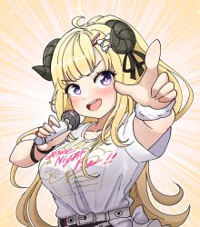 Rule 34 | 1girl, ahoge, animal ears, blonde hair, blush, carmen kiruya, highres, holding, holding microphone, hololive, horns, long hair, looking at viewer, microphone, open mouth, ponytail, purple eyes, sheep ears, sheep girl, sheep horns, shirt, smile, solo, tsunomaki watame, tsunomaki watame (watame night fever!!), virtual youtuber, white shirt