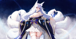 Rule 34 | absurdres, animal ear fluff, animal ears, azur lane, blue butterfly, blue collar, blue kimono, breasts, bug, butterfly, cleavage, collar, fox ears, fox girl, fox tail, hair ornament, highres, insect, japanese clothes, kimono, kitsune, kyuubi, large breasts, large tail, long hair, multiple tails, off shoulder, pleated skirt, shinano (azur lane), skirt, skirt under kimono, tail, thighhighs, white tail, white thighhighs, wjy1347193