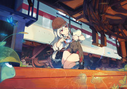 Rule 34 | 1girl, bad id, bad pixiv id, bug, butterfly, caisan, clipboard, flashlight, hard-translated, insect, kneeling, leaning forward, loafers, long hair, original, outdoors, red eyes, shoes, socks, solo, third-party edit, train interior, white hair