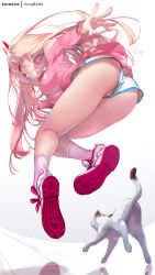Rule 34 | 1girl, animal, ass, bare legs, bare shoulders, blonde hair, breasts, candy, cat, chainsaw man, dolphin shorts, floating hair, food, from behind, from below, full body, gradient hair, hair behind ear, hair between eyes, highres, holding, holding candy, holding food, holding lollipop, hong (white spider), horns, kneepits, knees together feet apart, large breasts, lollipop, long hair, long sleeves, looking at viewer, looking back, looking down, meowy (chainsaw man), multicolored hair, orange eyes, panties, panty peek, patreon username, pink panties, pink shirt, power (chainsaw man), red footwear, shirt, shoes, short shorts, shorts, sidelocks, signature, simple background, socks, solo, thighs, two-tone footwear, underwear, upshorts, white background, white footwear, white shorts, white socks