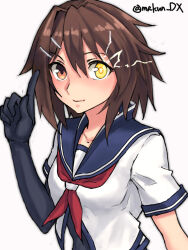 Rule 34 | 1girl, black gloves, blue sailor collar, brown eyes, brown hair, elbow gloves, furutaka (kancolle), furutaka kai ni (kancolle), gloves, glowing, glowing eye, heterochromia, highres, index finger raised, kantai collection, looking at viewer, maakun (makun dx), neckerchief, one-hour drawing challenge, red neckerchief, sailor collar, school uniform, serafuku, short hair, simple background, single elbow glove, single glove, solo, twitter username, upper body, white background